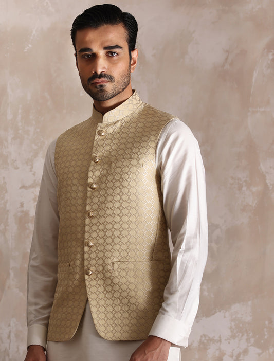 BEIGE MESH EMBROIDERED WAISTCOAT