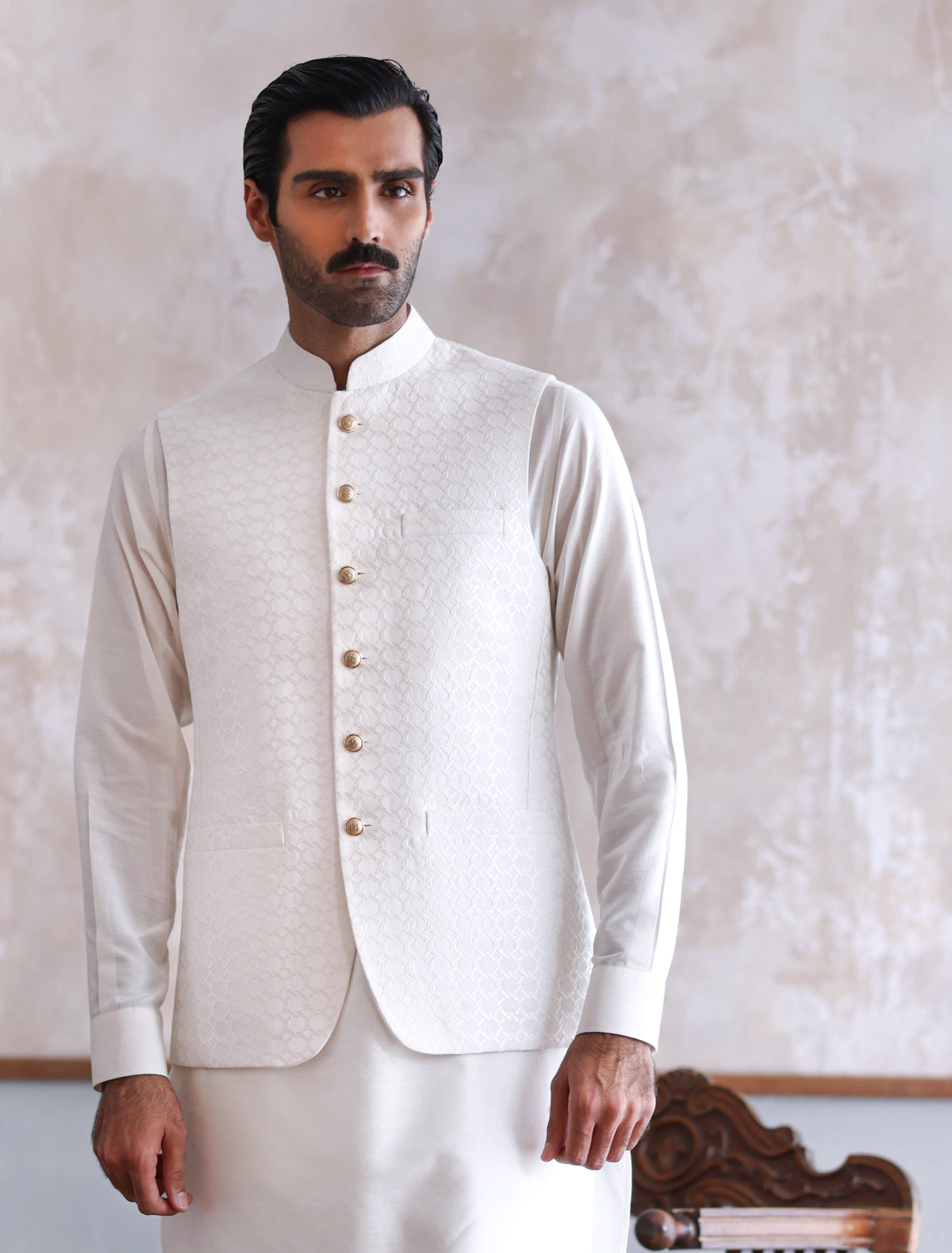 OFF-WHITE MESH EMBROIDERED WAIST COAT-S – Ismail Farid Pakistan