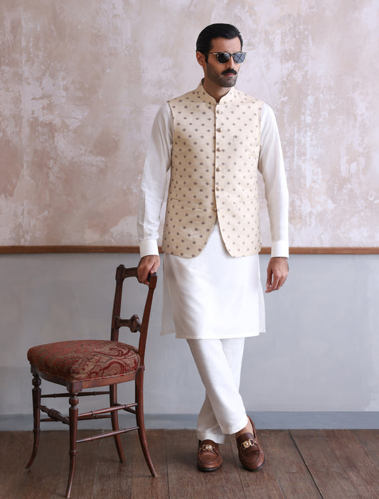 BEIGE JAMAWAR WAIST COAT - S