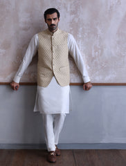 BEIGE MESH EMBROIDERED WAIST COAT-S