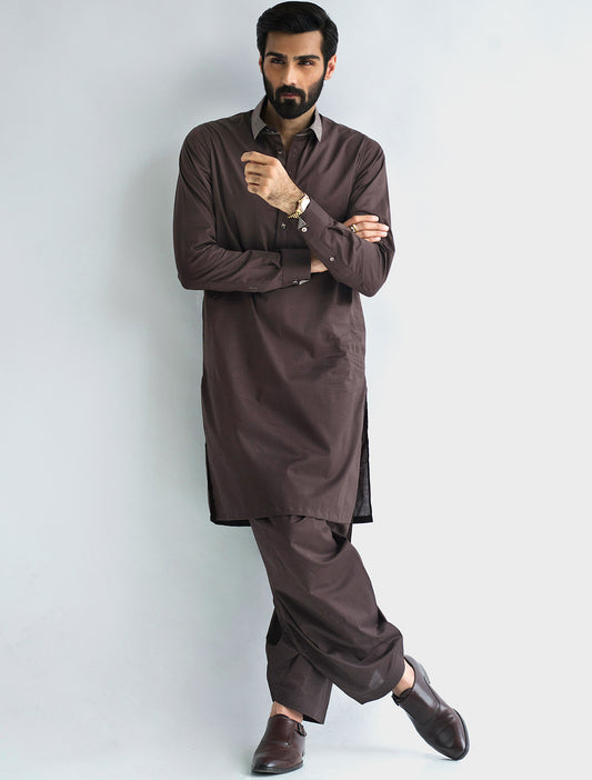 BROWN TEXTURED COLLAR KAMEEZ SHALWAR