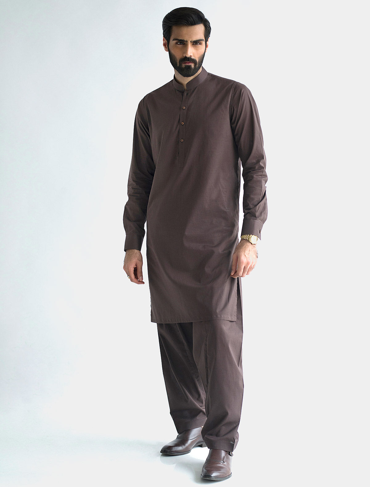 BROWN MANDARIN COLLAR KAMEEZ SHALWAR Ismail Farid Pakistan