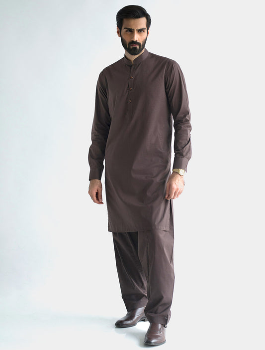 BROWN MANDARIN COLLAR KAMEEZ SHALWAR