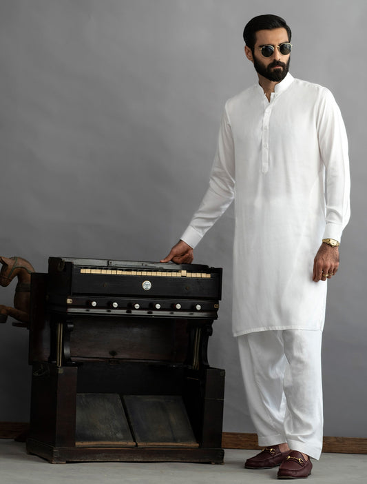 PEARL WHITE - MATT SATIN KAMEEZ SHALWAR