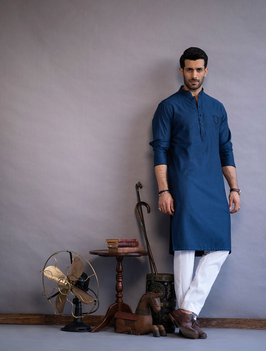 BLUE- FRONT LOGO EMBROIDERED KURTA