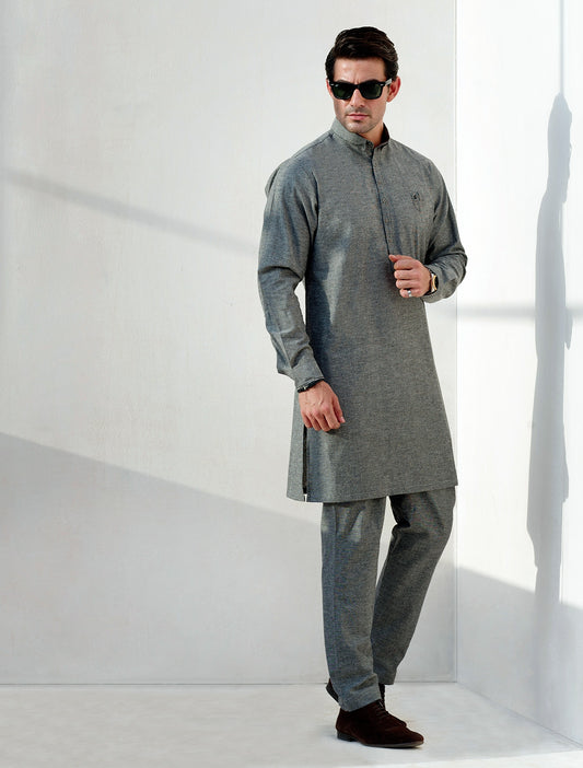 GREY LOGO EMBELLISHED SHORT LENGTH KURTA PAJAMA
