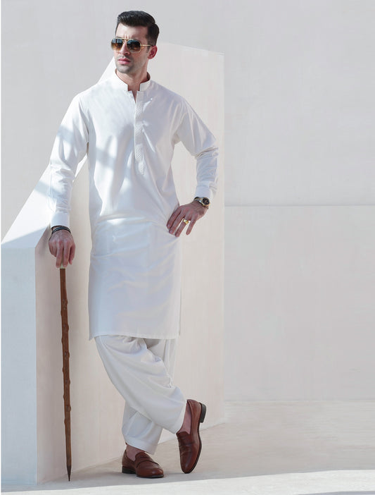 WHITE SHERWANI COLLAR KAMEEZ SHALWAR