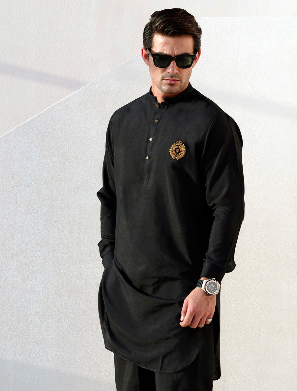 SHORT LENGTH KURTA PAJAMA - GOLD EMBROIDERED MONOGRAM