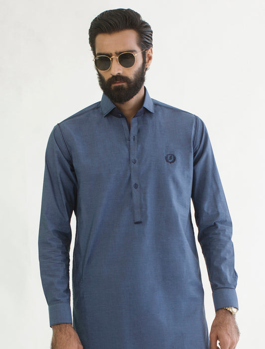 BLUE 100% COTTON LIGHT WEIGHT - LOGO EMBROIDERED KAMEEZ SHALWAR