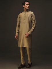 BEIGE GOLD MANDARIN COLLAR KURTA PAJAMA