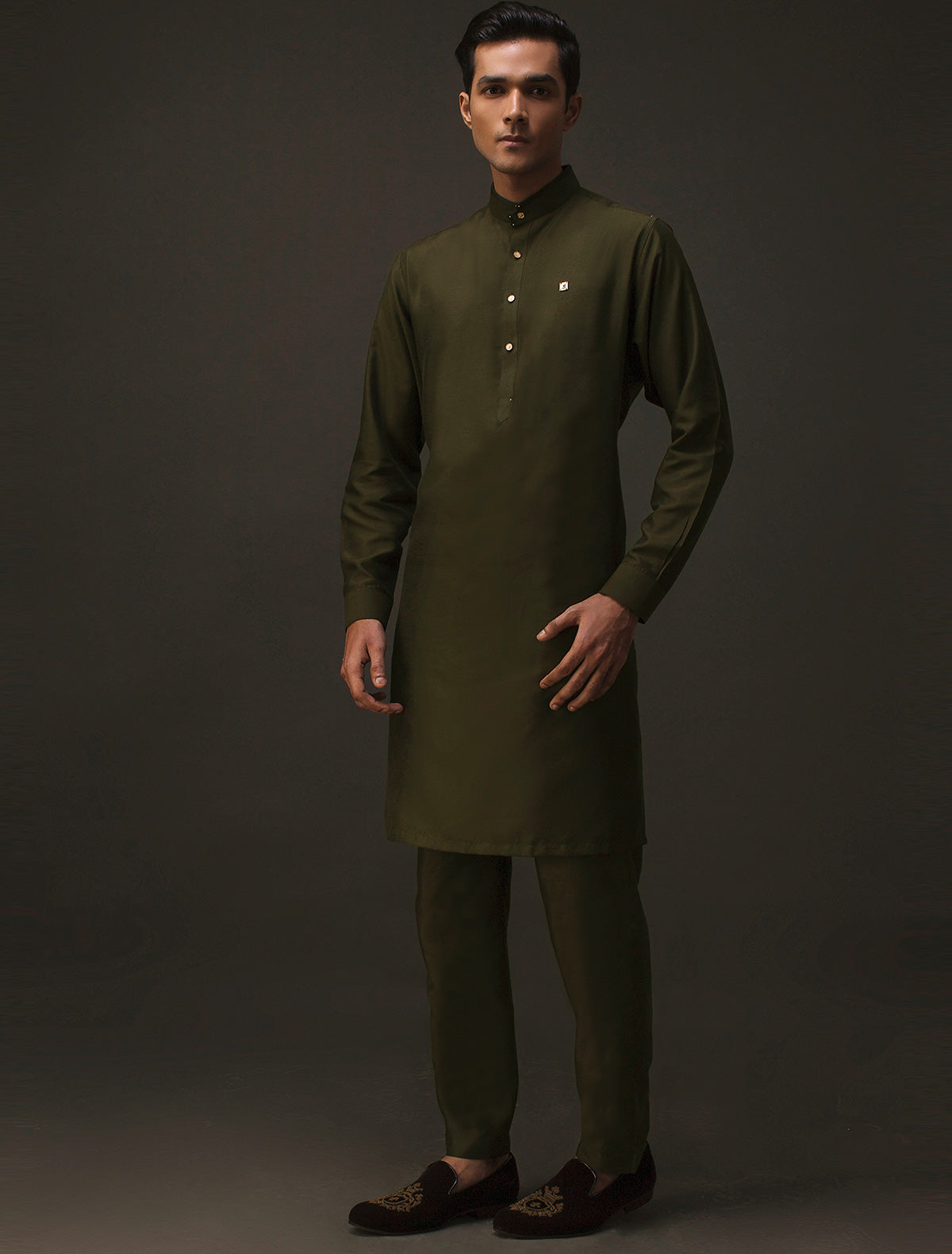 OLIVE GREEN MANDARIN COLLAR KURTA PAJAMA
