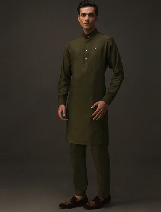 OLIVE GREEN MANDARIN COLLAR KURTA PAJAMA