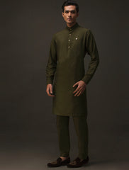 OLIVE GREEN MANDARIN COLLAR KURTA PAJAMA