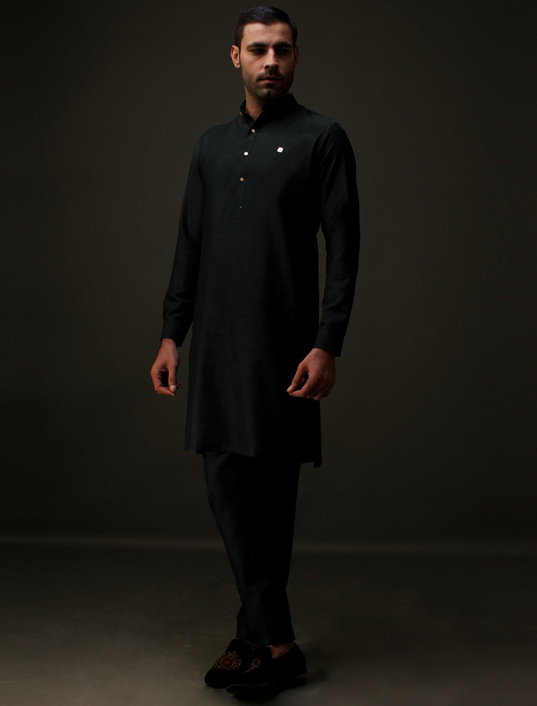 BLACK MANDARIN COLLAR KURTA PAJAMA Ismail Farid Pakistan