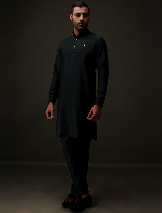 BLACK MANDARIN COLLAR KURTA PAJAMA