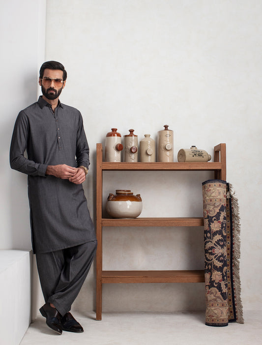 DARK GRAY SHIRT COLLAR KAMEEZ SHALWAR