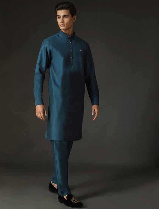 TURQUOISE MANDARIN COLLAR KURTA PAJAMA