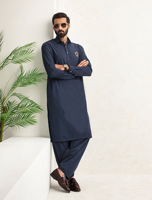 NAVY SHIRT COLLAR MONOGRAM KAMEEZ SHALWAR