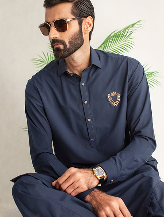 NAVY SHIRT COLLAR MONOGRAM KAMEEZ SHALWAR