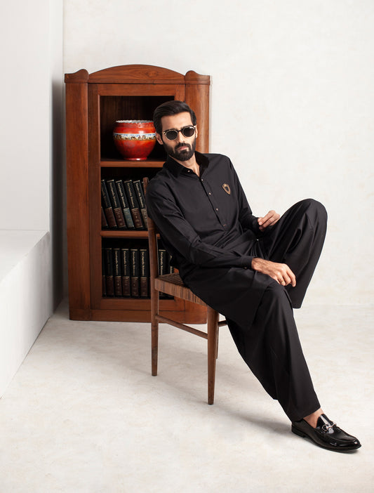 BLACK SHIRT COLLAR MONOGRAM KAMEEZ SHALWAR