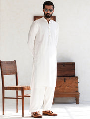 PEARL WHITE KAMEEZ SHALWAR EMBROIDERED MONOGRAM ON FRONT