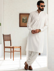 PEARL WHITE KAMEEZ SHALWAR EMBROIDERED MONOGRAM ON FRONT