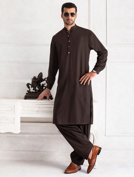 BROWN-METAL LOGO EMBELLISHED KAMEEZ SHALWAR