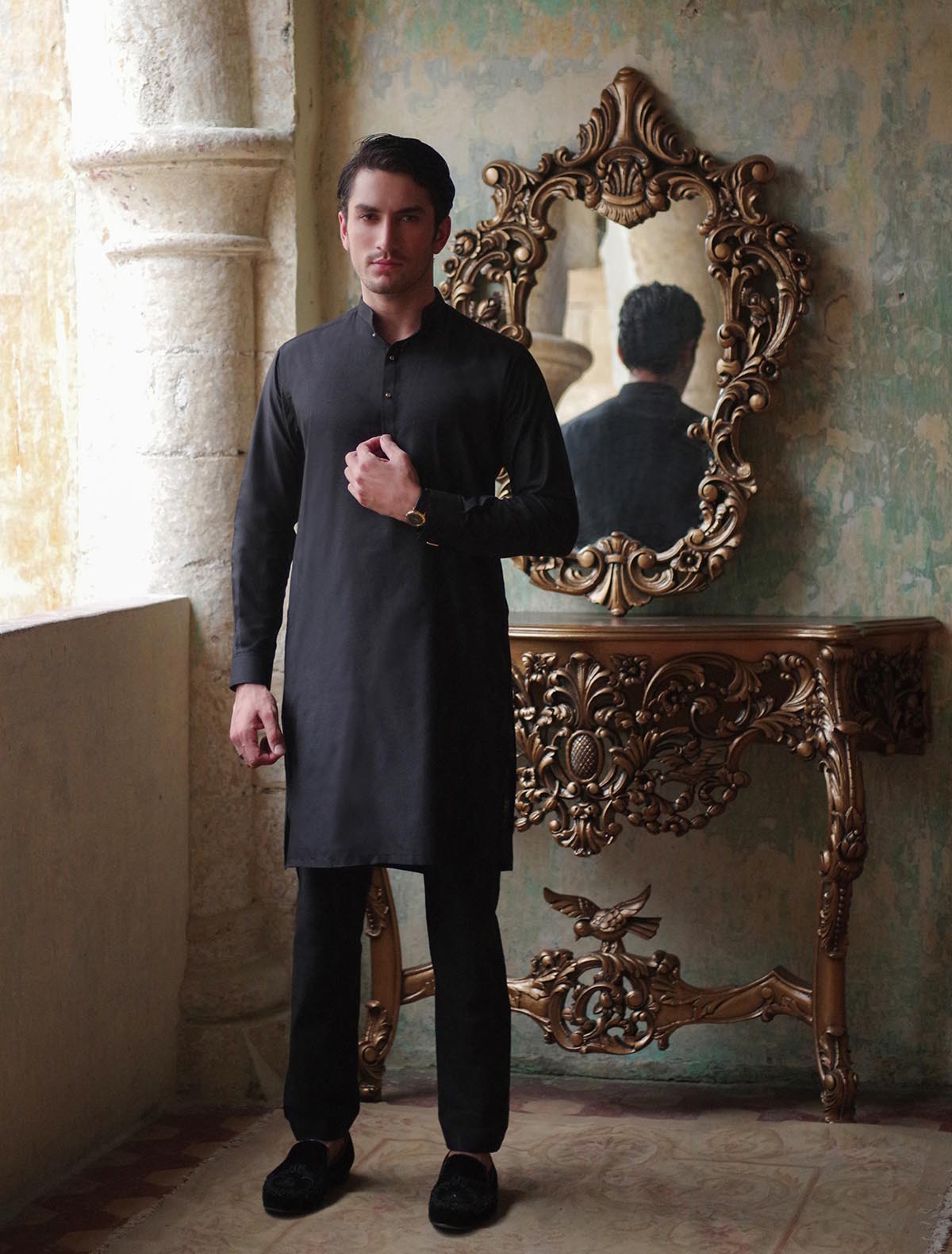 BLACK COTTON SILK KURTA PAJAMA