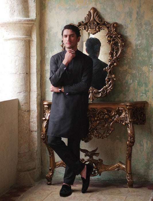 BLACK COTTON SILK KURTA PAJAMA
