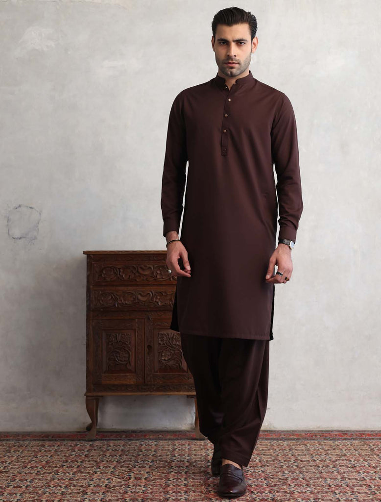 MAROON MANDARIN COLLAR KAMEEZ SHALWAR Ismail Farid Pakistan