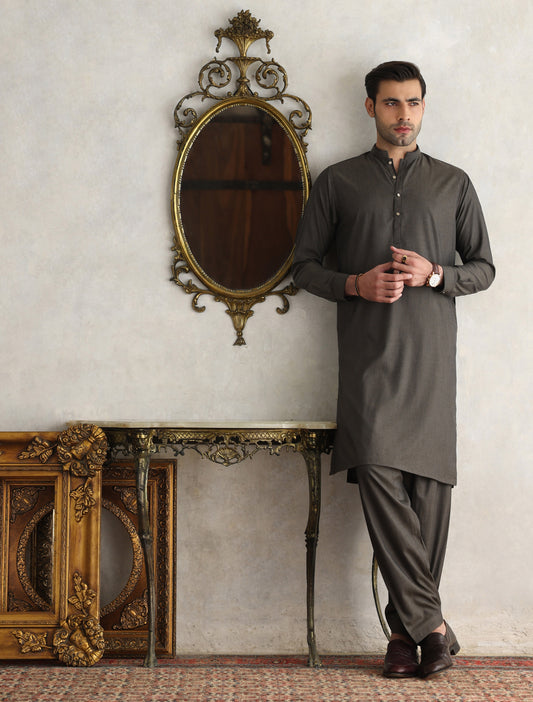BROWN MANDARIN COLLAR KAMEEZ SHALWAR
