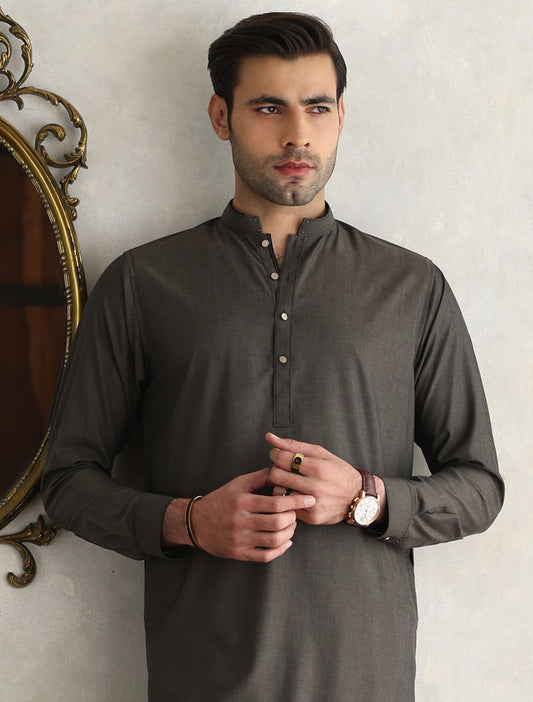 BROWN MANDARIN COLLAR KAMEEZ SHALWAR