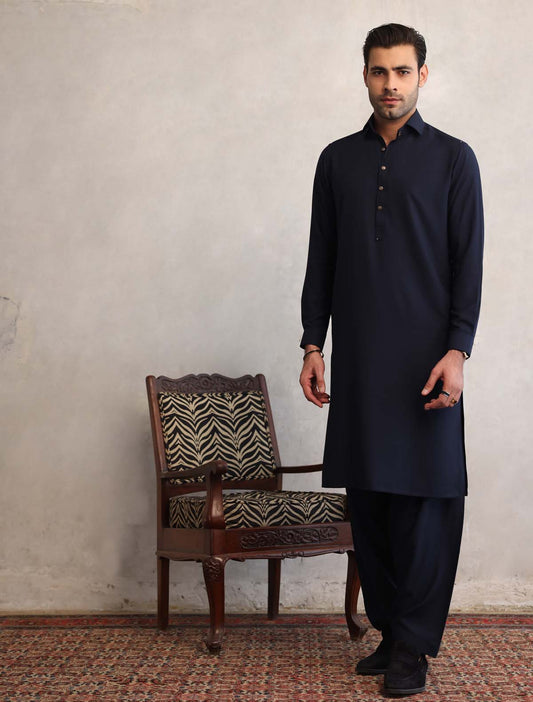 NAVY BLUE CLASSIC COLLAR KAMEEZ SHALWAR