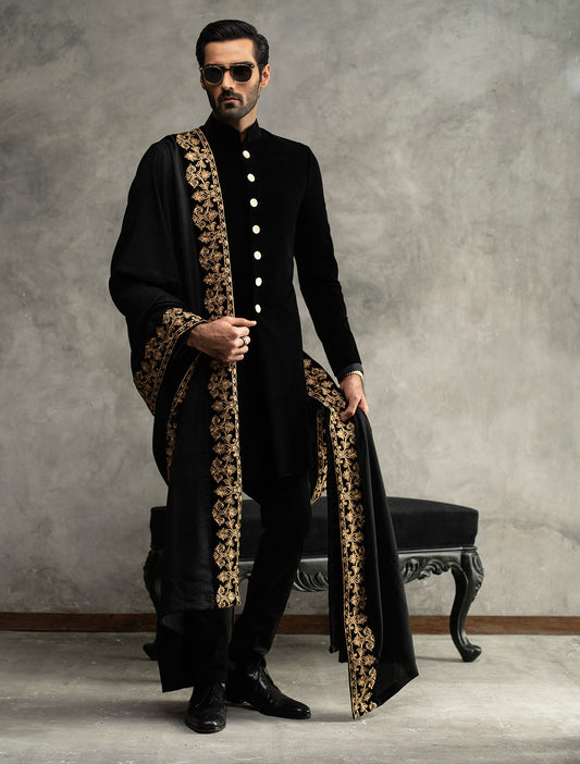 MATT BLACK SHORT LENGTH VELVET SHERWANI