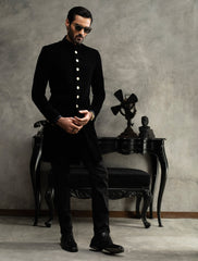 MATT BLACK SHORT LENGTH VELVET SHERWANI