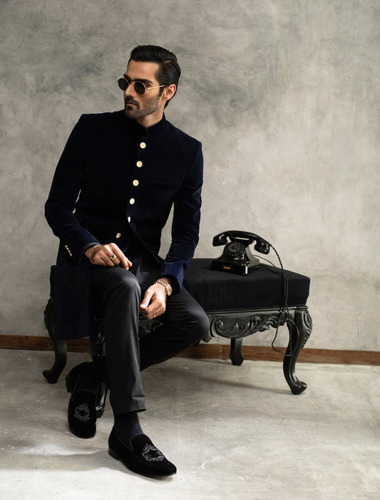 MATT NAVY BLUE SHORT LENGTH VELVET SHERWANI