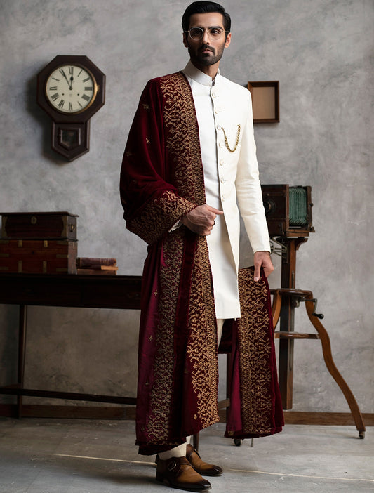 OFF WHITE SHORT LENGTH RAW SILK SHERWANI