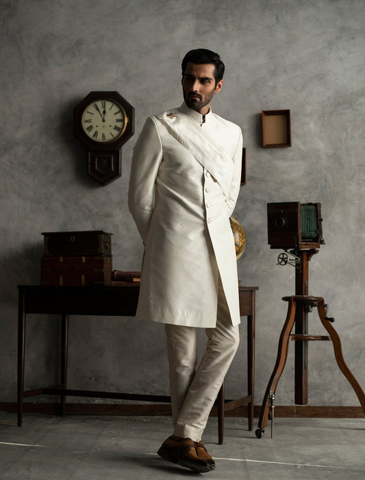 OFF WHITE SHORT LENGTH RAW SILK SHERWANI