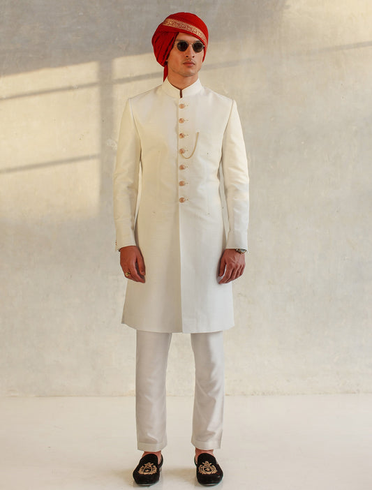 OFF WHITE RAW SILK SHORT LENGTH SHERWANI