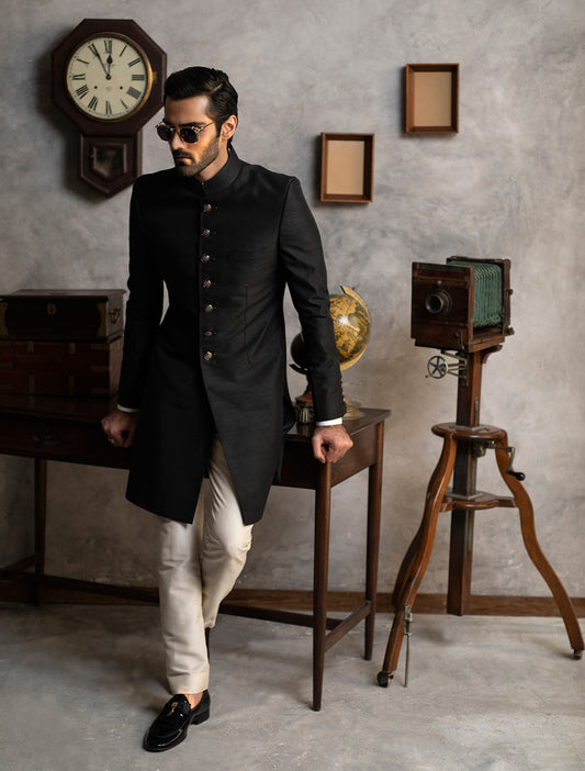 BLACK RAW SILK SHORT LENGTH SHERWANI