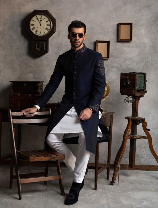 NAVY BLUE RAWSILK HAND EMBROIDERED SHERWANI