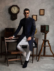 NAVY BLUE RAWSILK HAND EMBROIDERED SHERWANI