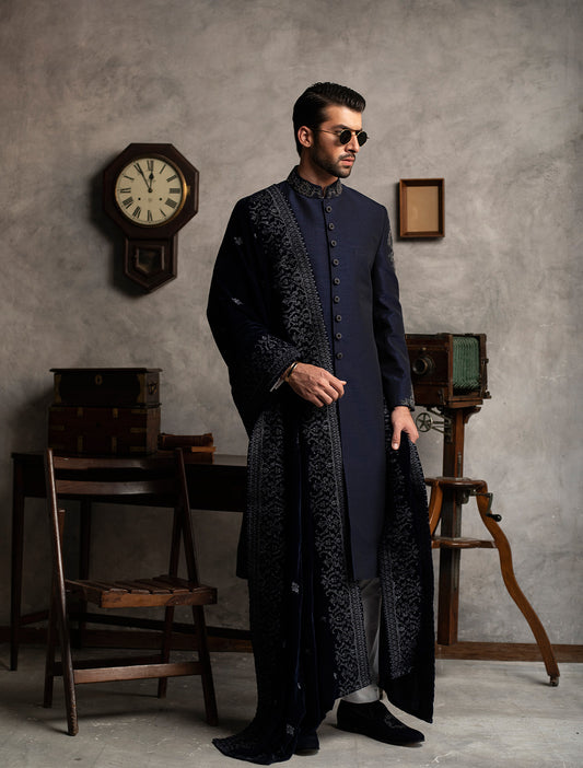 NAVY BLUE RAWSILK HAND EMBROIDERED SHERWANI