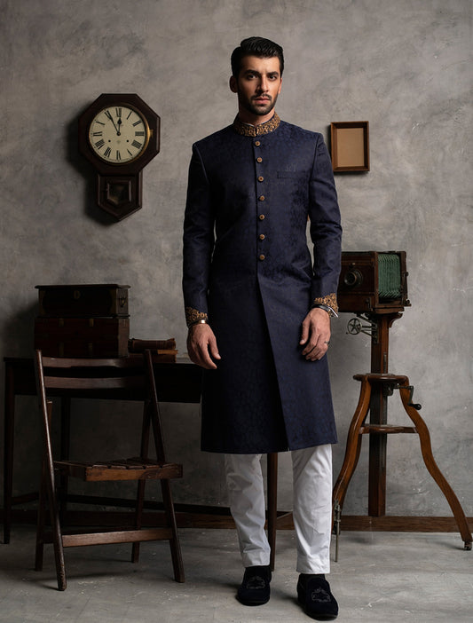 NAVY BLUE KARANDI JAMAWAR SHERWANI