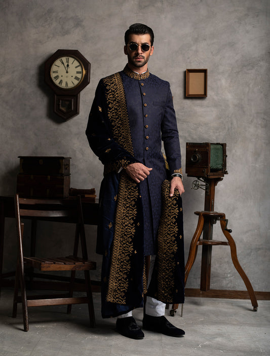 NAVY BLUE KARANDI JAMAWAR SHERWANI