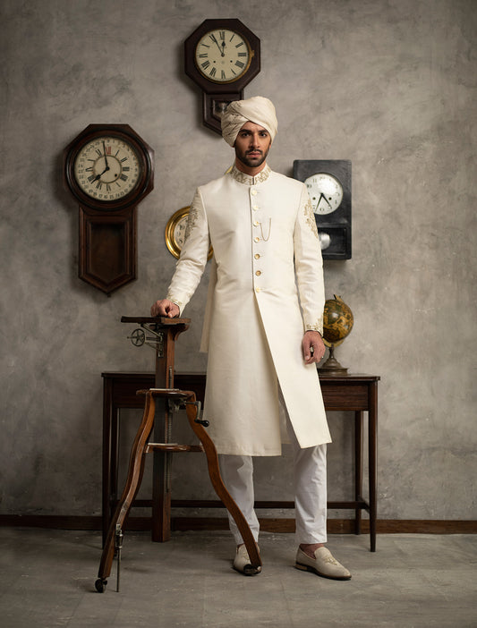 OFF WHITE RAW SILK SHERWANI