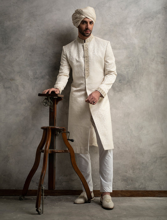 OFF WHITE KARANDI JAMAWAR SHERWANI