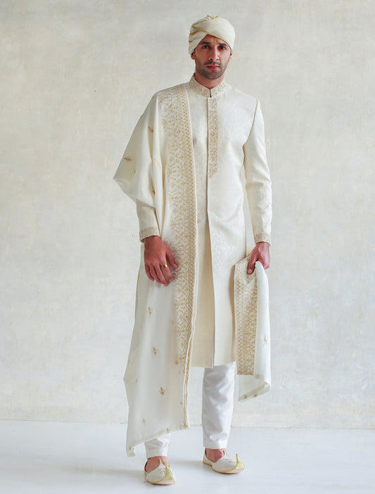 OFF WHITE KARANDI JAMAWAR SHERWANI