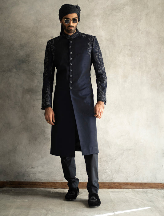 NAVY BLUE RAWSILK SHERWANI