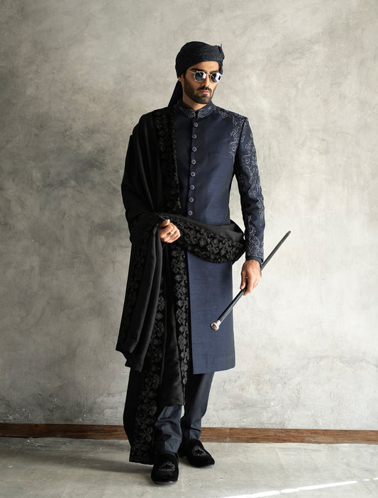 NAVY BLUE RAWSILK SHERWANI